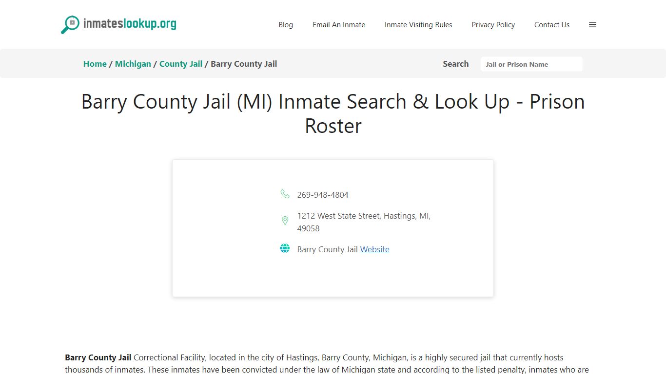 Barry County Jail (MI) Inmate Search & Look Up - Prison Roster